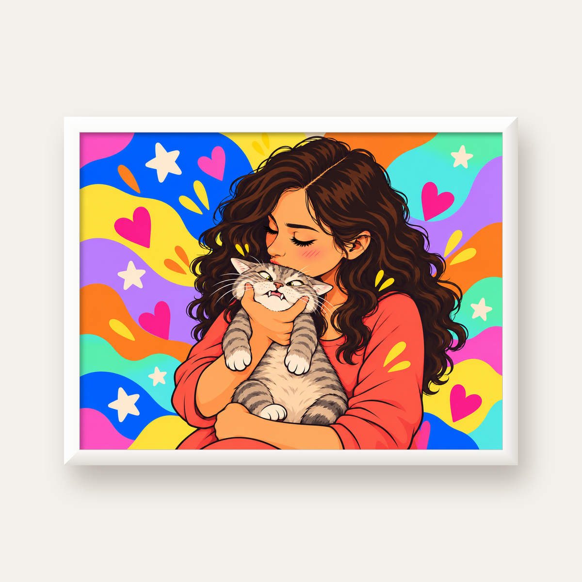 Too Much Love Kedi ve Kadın Renkli Pop Art Poster — beyaz çerçeveli yatay poster