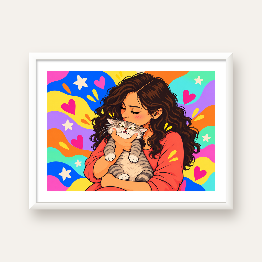 Too Much Love Kedi ve Kadın Renkli Pop Art Poster — beyaz çerçeveli yatay poster