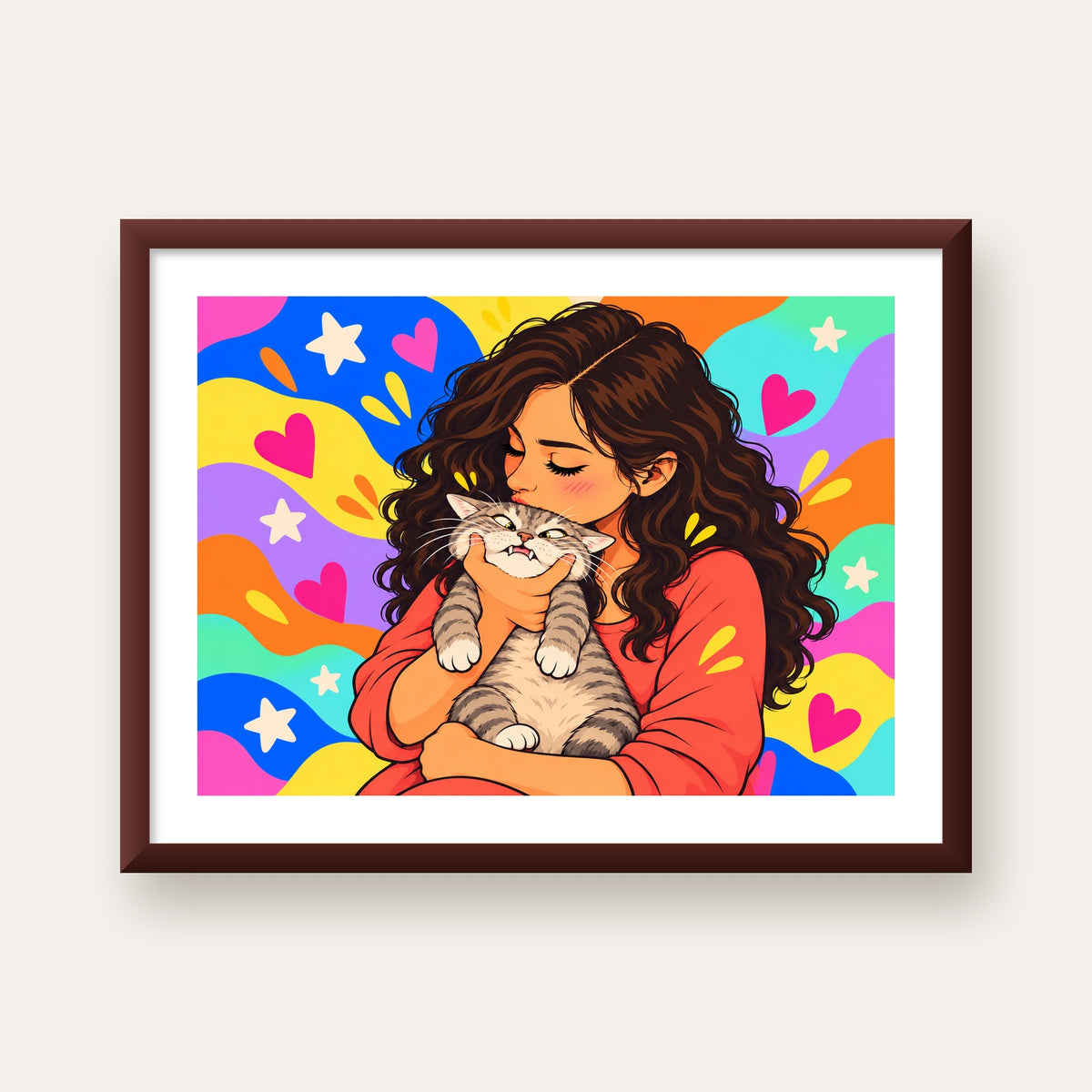 Too Much Love Kedi ve Kadın Renkli Pop Art Poster — ceviz çerçeveli paspartulu