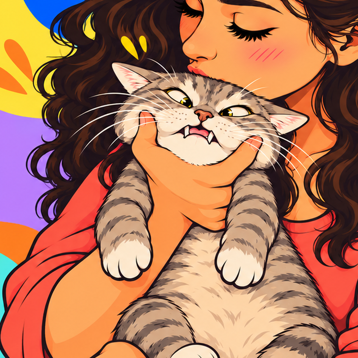 Kız ve Kedi: Renkli Kalpler & Yıldızlar Poster İllüstrasyonu — baskının yakın çekimi, kâğıt dokusu ve renk detayı