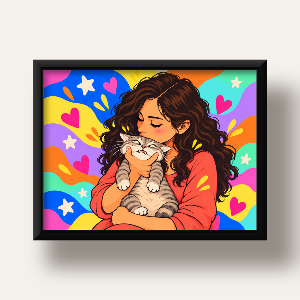 Too Much Love Kedi ve Kadın Renkli Pop Art Poster — siyah derin çerçeveli