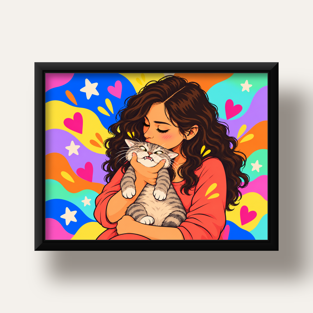Too Much Love Kedi ve Kadın Renkli Pop Art Poster — siyah derin çerçeveli