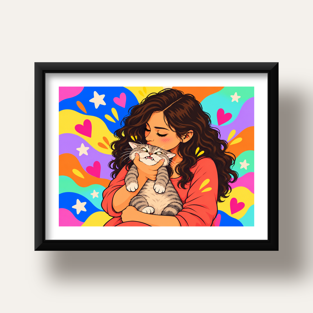 Too Much Love Kedi ve Kadın Renkli Pop Art Poster — siyah derin çerçeveli paspartulu