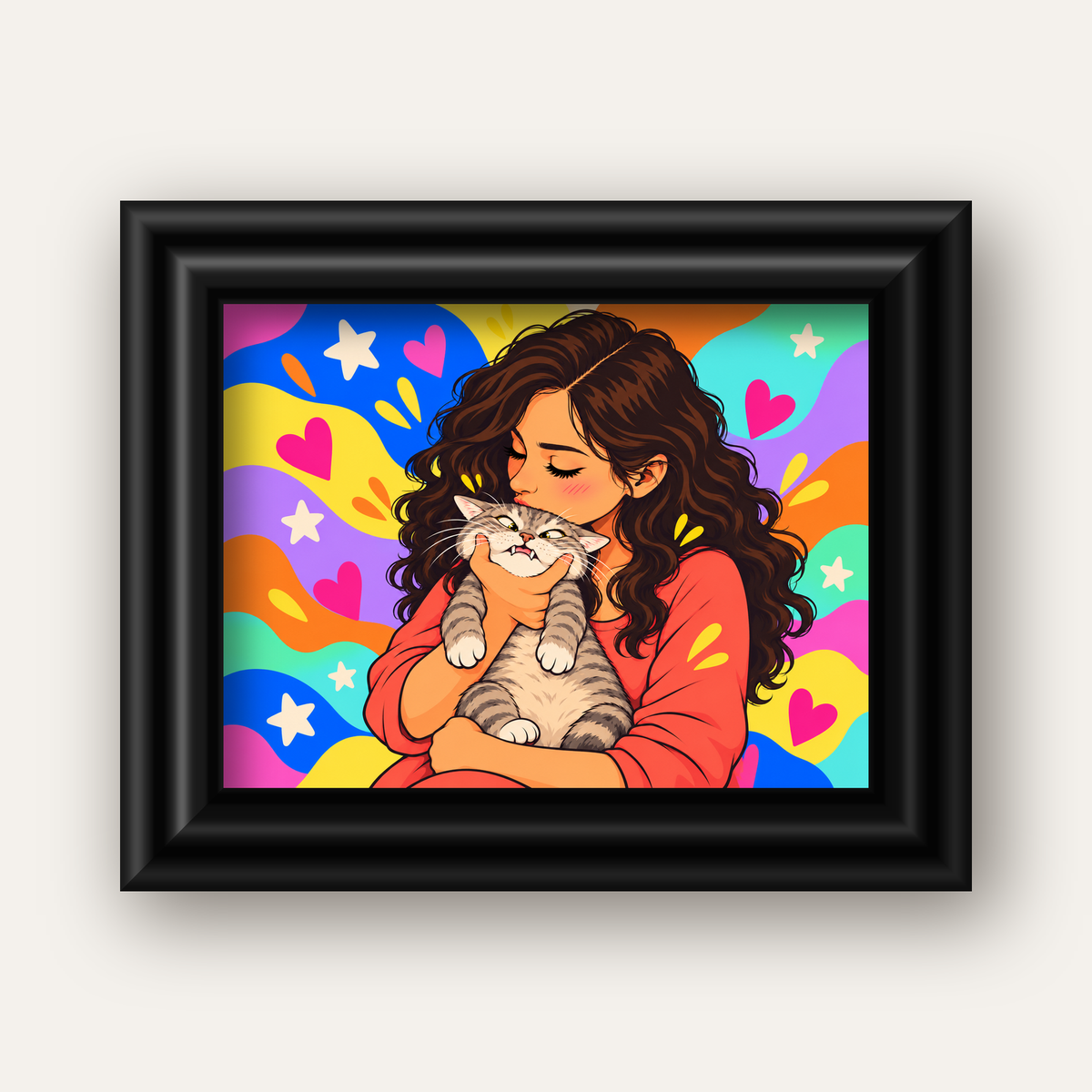 Too Much Love Kedi ve Kadın Renkli Pop Art Poster — siyah galeri çerçeveli