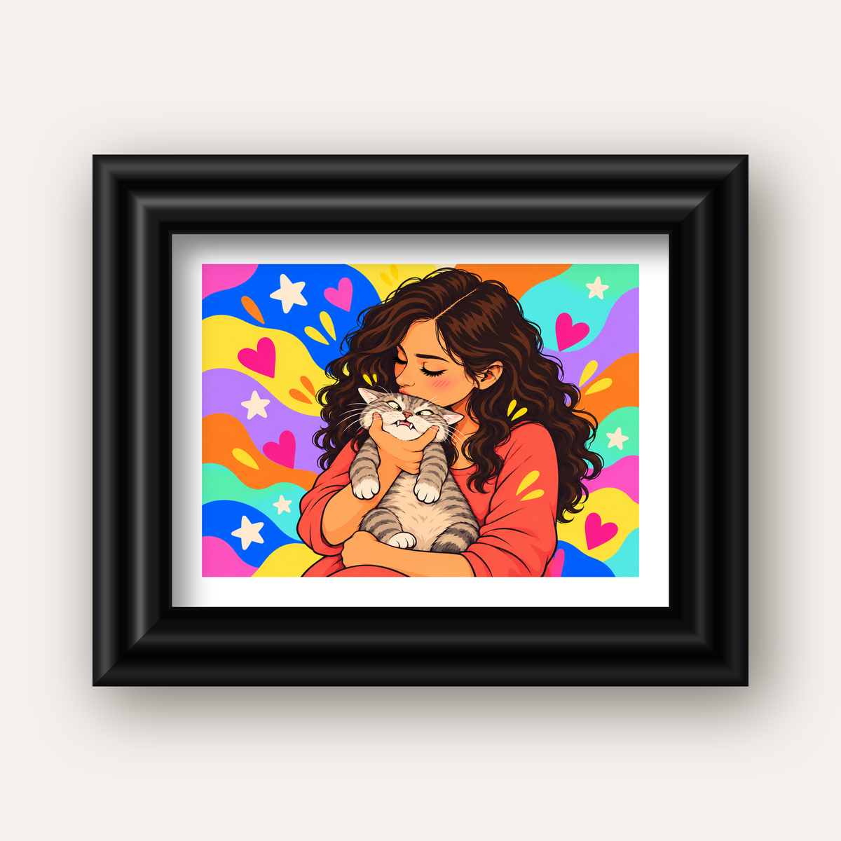 Too Much Love Kedi ve Kadın Renkli Pop Art Poster — siyah galeri çerçeveli paspartulu
