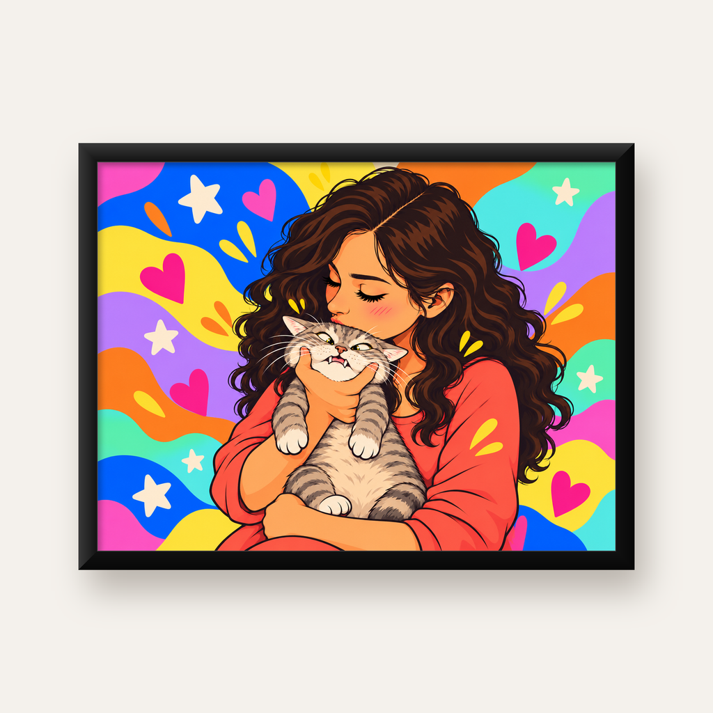 Kız ve Kedi: Renkli Kalpler & Yıldızlar Poster İllüstrasyonu — Yatay baskı, düz siyah çerçeveli duvar posteri
