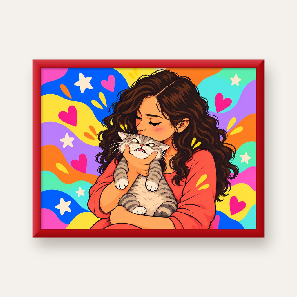 Too Much Love Kedi ve Kadın Renkli Pop Art Poster — kırmızı çerçeveli