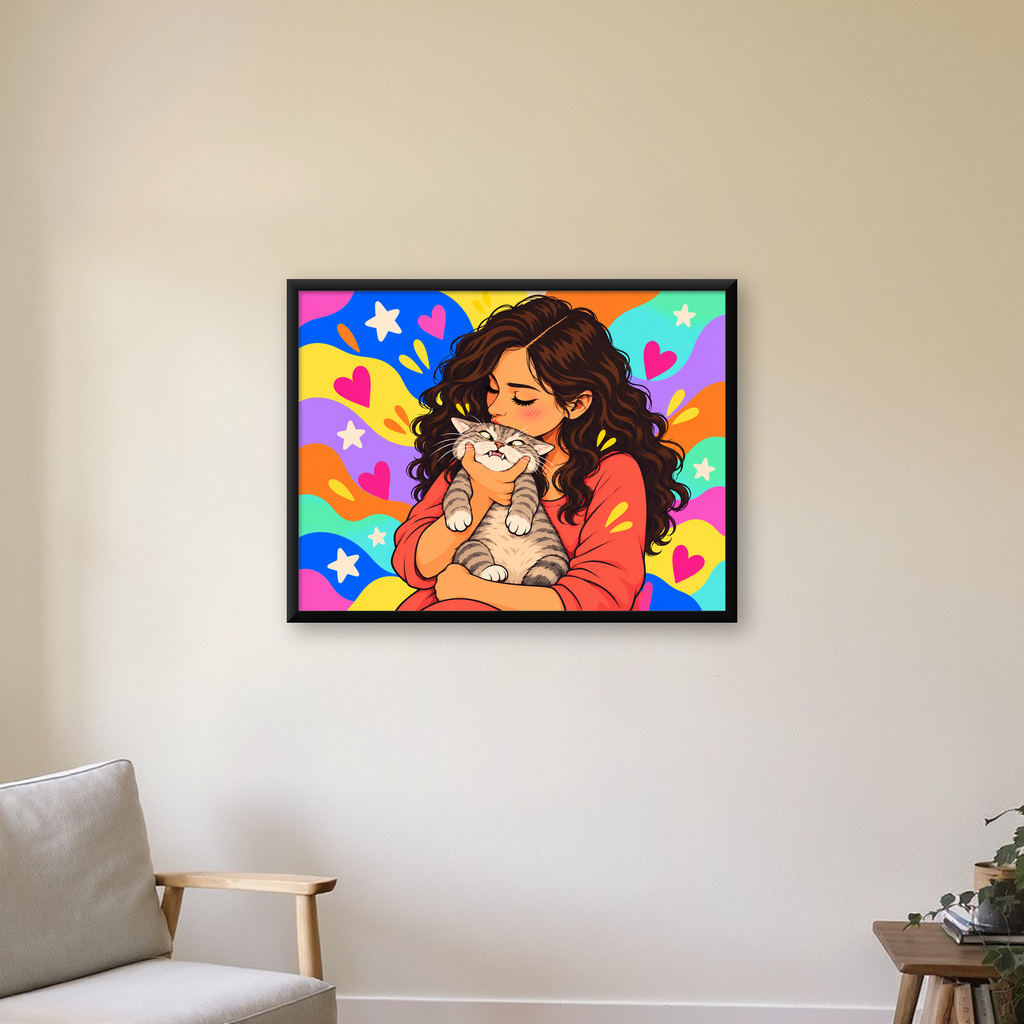 Kız ve Kedi: Renkli Kalpler & Yıldızlar Poster İllüstrasyonu — Yatay baskı, çerçeveli hâliyle bir ev duvarında
