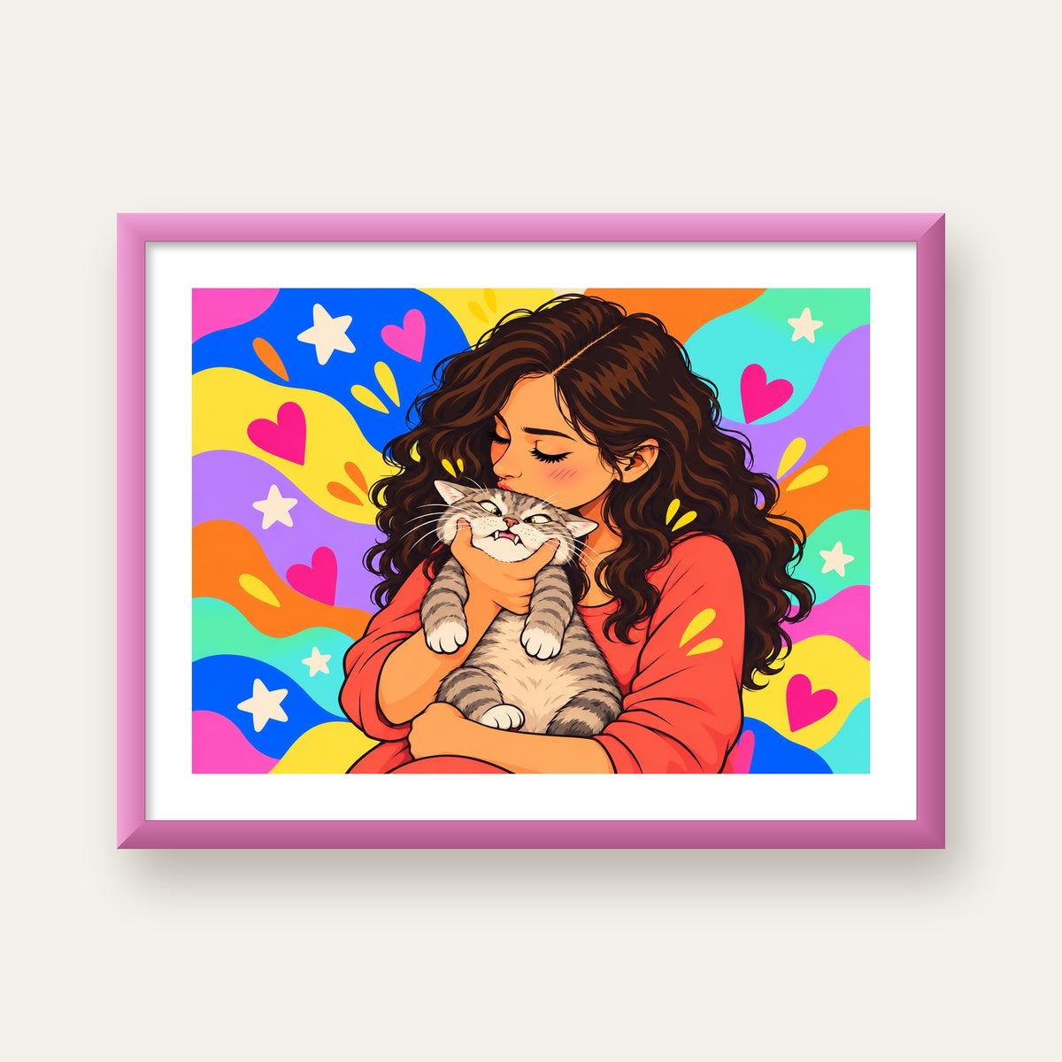 Too Much Love Kedi ve Kadın Renkli Pop Art Poster — pembe çerçeveli paspartulu