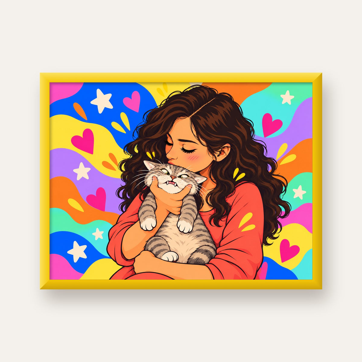 Too Much Love Kedi ve Kadın Renkli Pop Art Poster — sarı çerçeveli