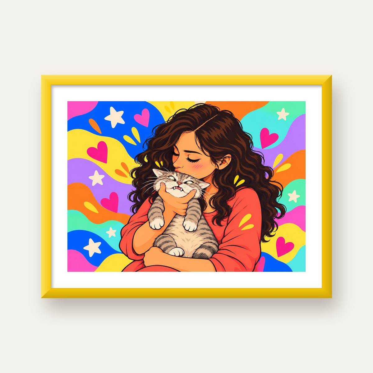 Too Much Love Kedi ve Kadın Renkli Pop Art Poster — sarı çerçeveli paspartulu