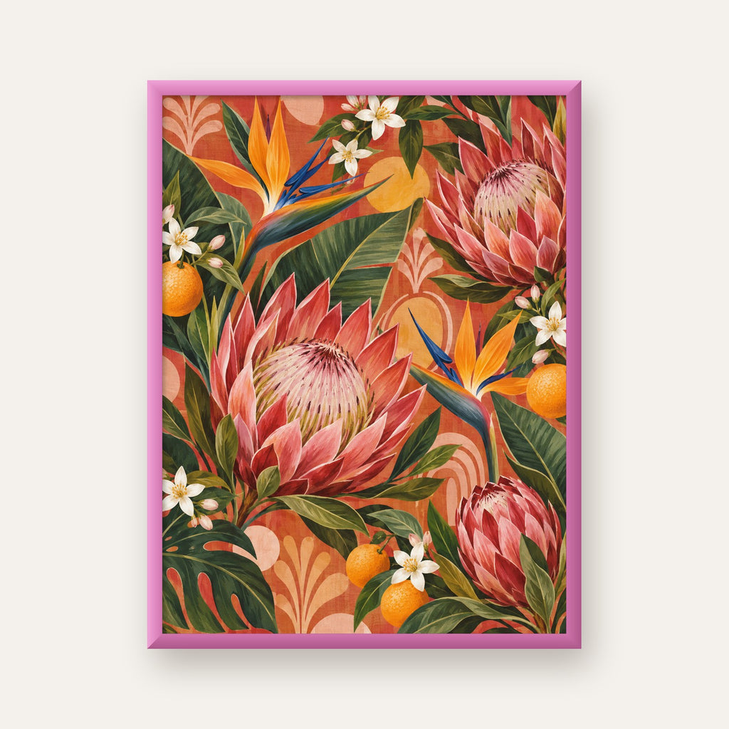 Tropik Mercan Protea ve Cennet Kuşu Botanik Poster — pembe çerçeveli