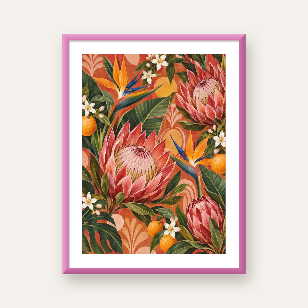 Tropik Mercan Protea ve Cennet Kuşu Botanik Poster — pembe çerçeveli paspartulu