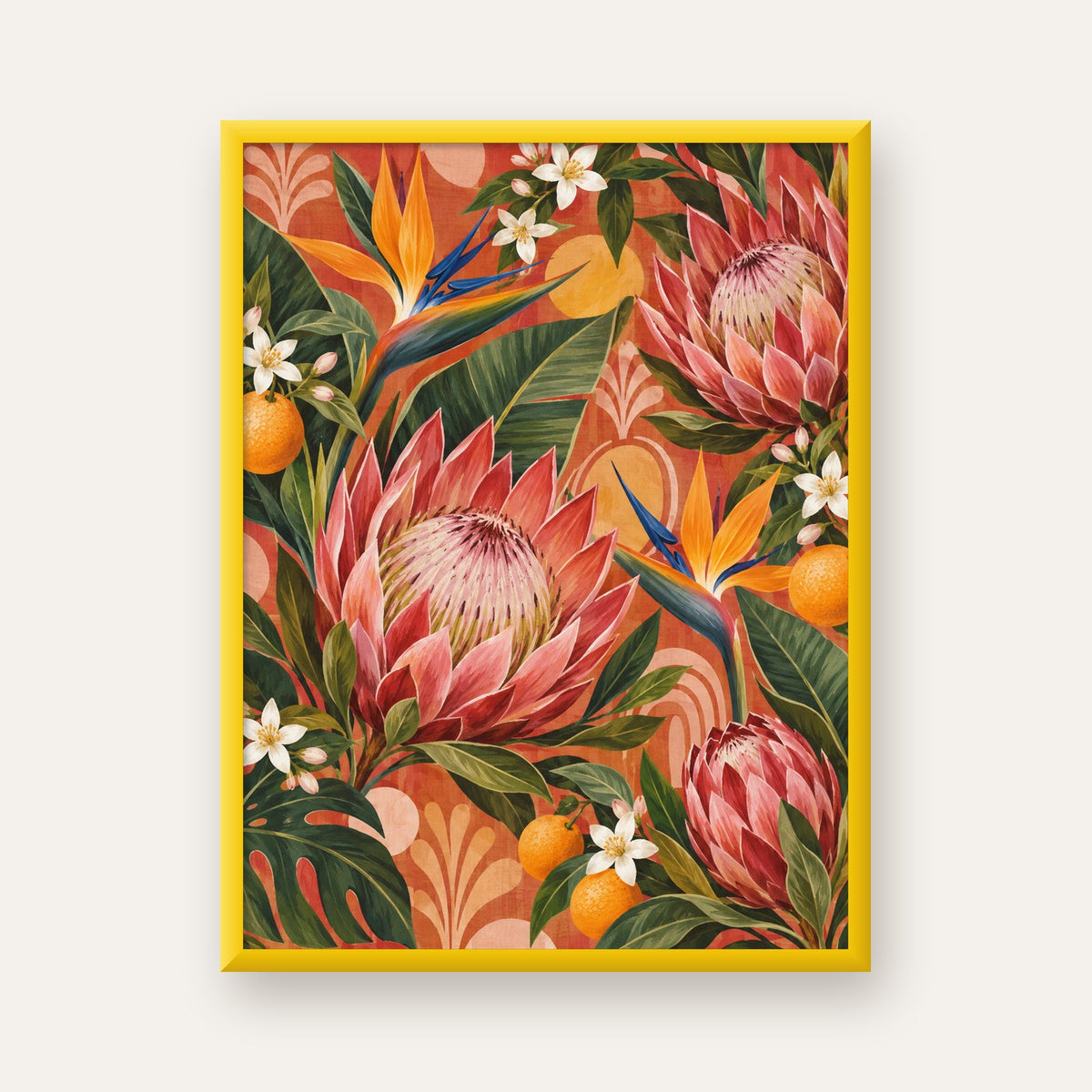 Tropik Mercan Protea ve Cennet Kuşu Botanik Poster — sarı çerçeveli