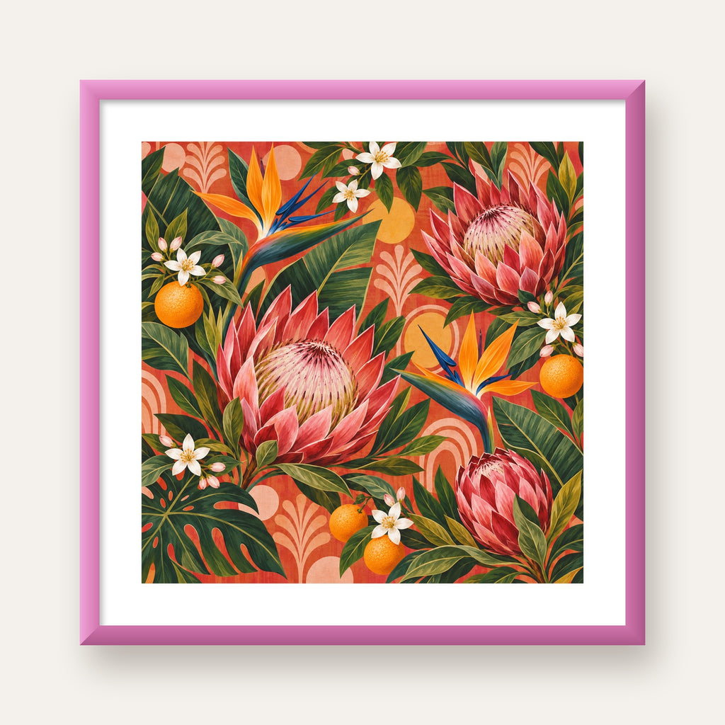 Tropik Mercan Protea ve Cennet Kuşu Botanik Poster — pembe çerçeveli paspartulu