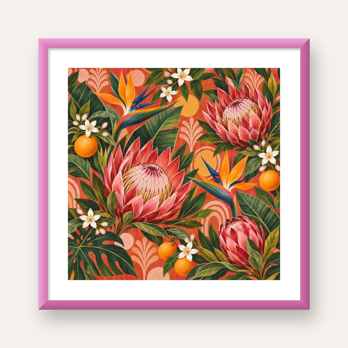 Tropik Mercan Protea ve Cennet Kuşu Botanik Poster — pembe çerçeveli paspartulu