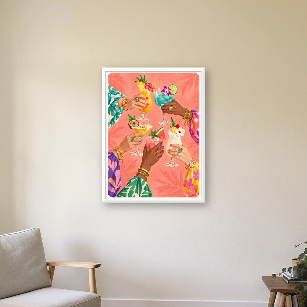 Renkli Kokteyl Kadehleri ve Kadın Elleri Tropikal Poster — beyaz çerçeveli dikey poster