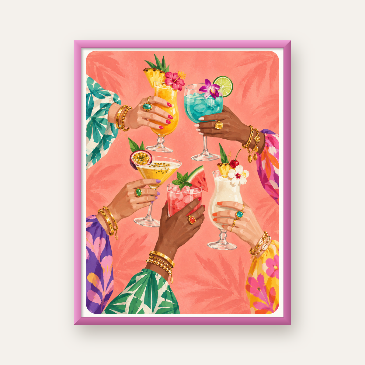 Renkli Kokteyl Kadehleri ve Kadın Elleri Tropikal Poster — pembe çerçeveli