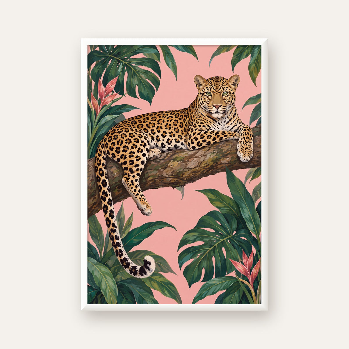 Tropikal Ormanda Jaguar Poster – Detaylı Sanat Baskısı — beyaz çerçeveli dikey poster