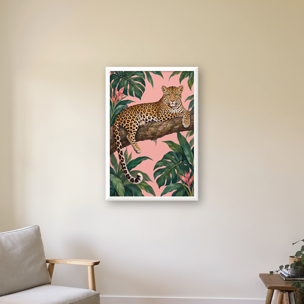 Tropikal Ormanda Jaguar Poster – Detaylı Sanat Baskısı — beyaz çerçeveli dikey poster