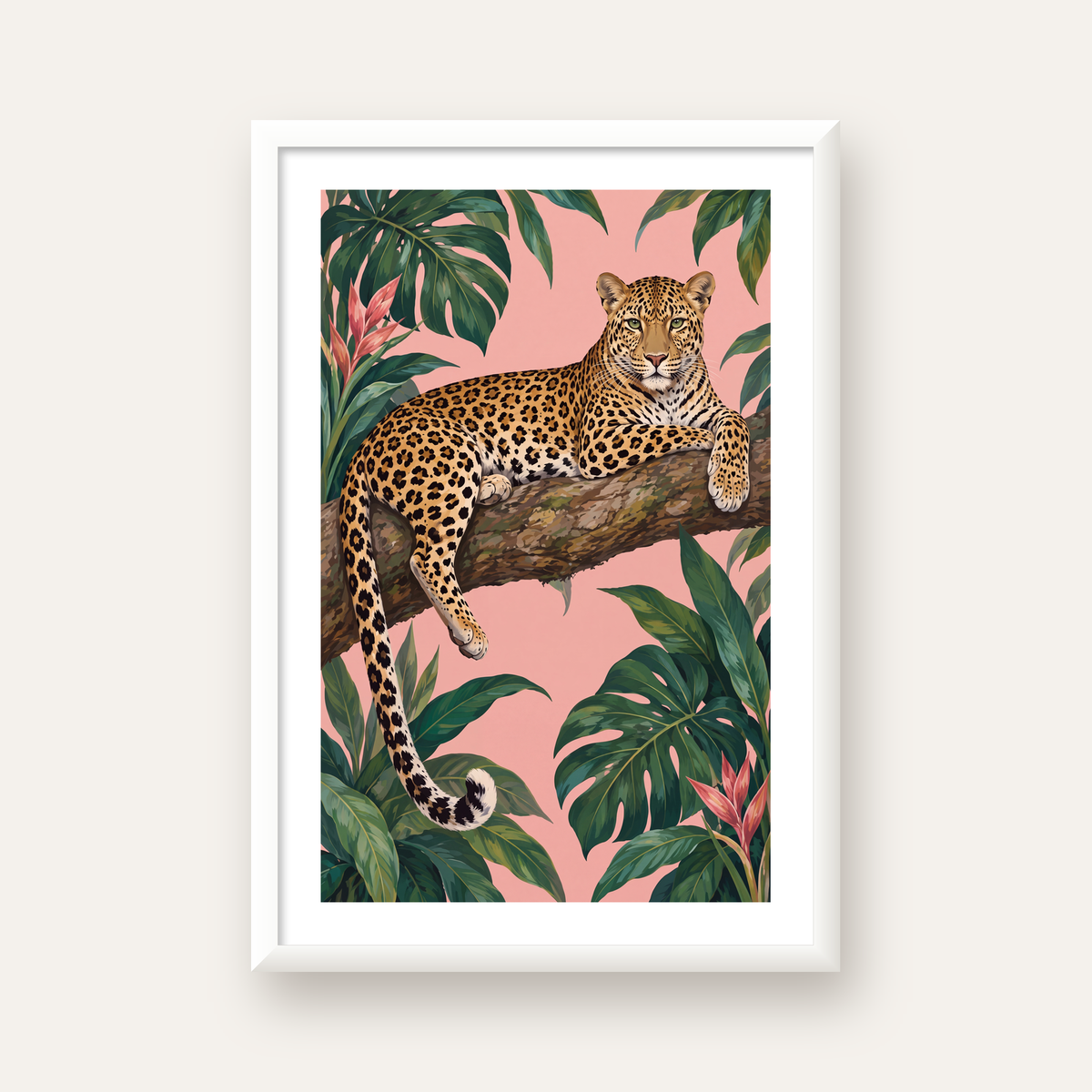 Tropikal Ormanda Jaguar Poster – Detaylı Sanat Baskısı — beyaz çerçeveli dikey poster