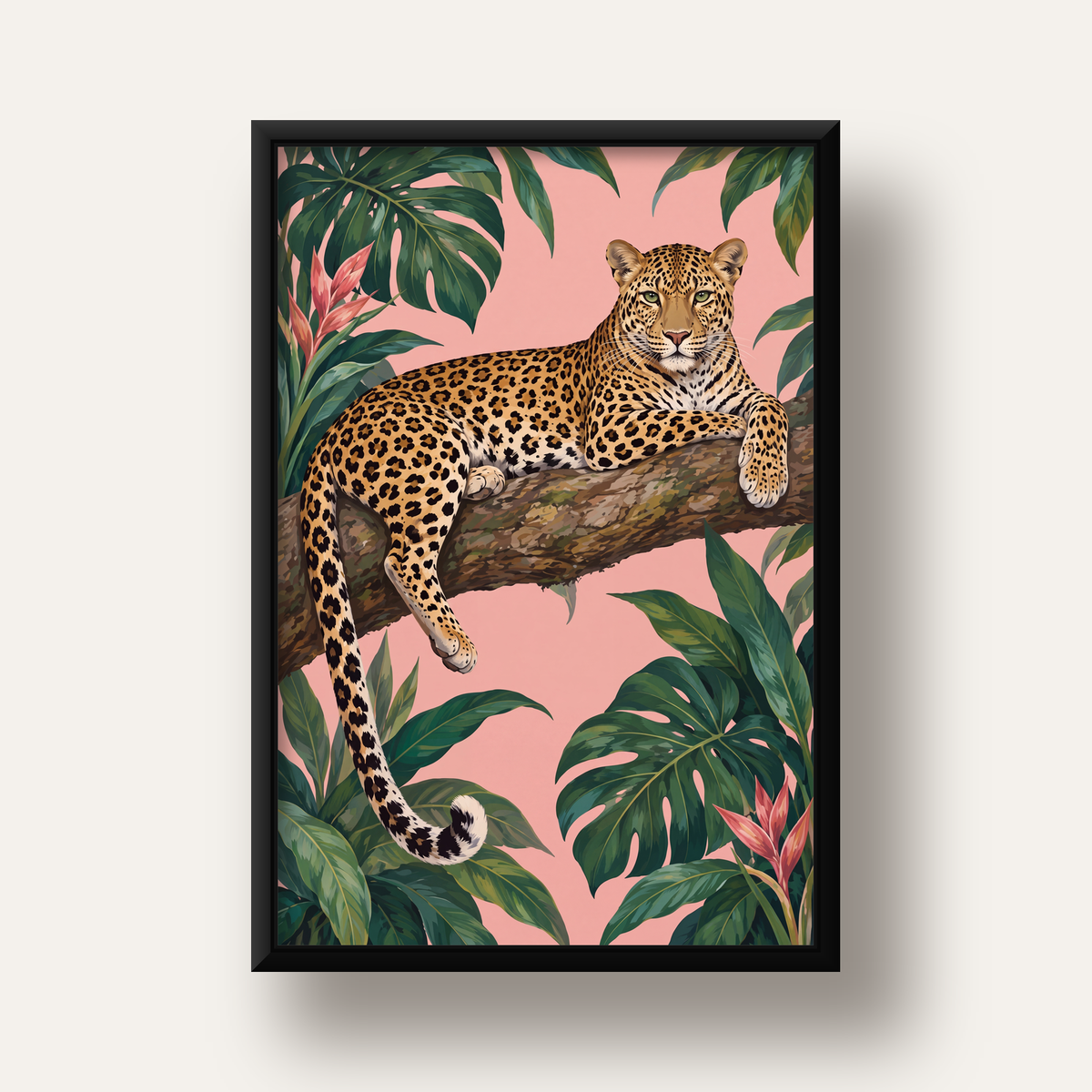Tropikal Ormanda Jaguar Poster – Detaylı Sanat Baskısı — siyah derin çerçeveli