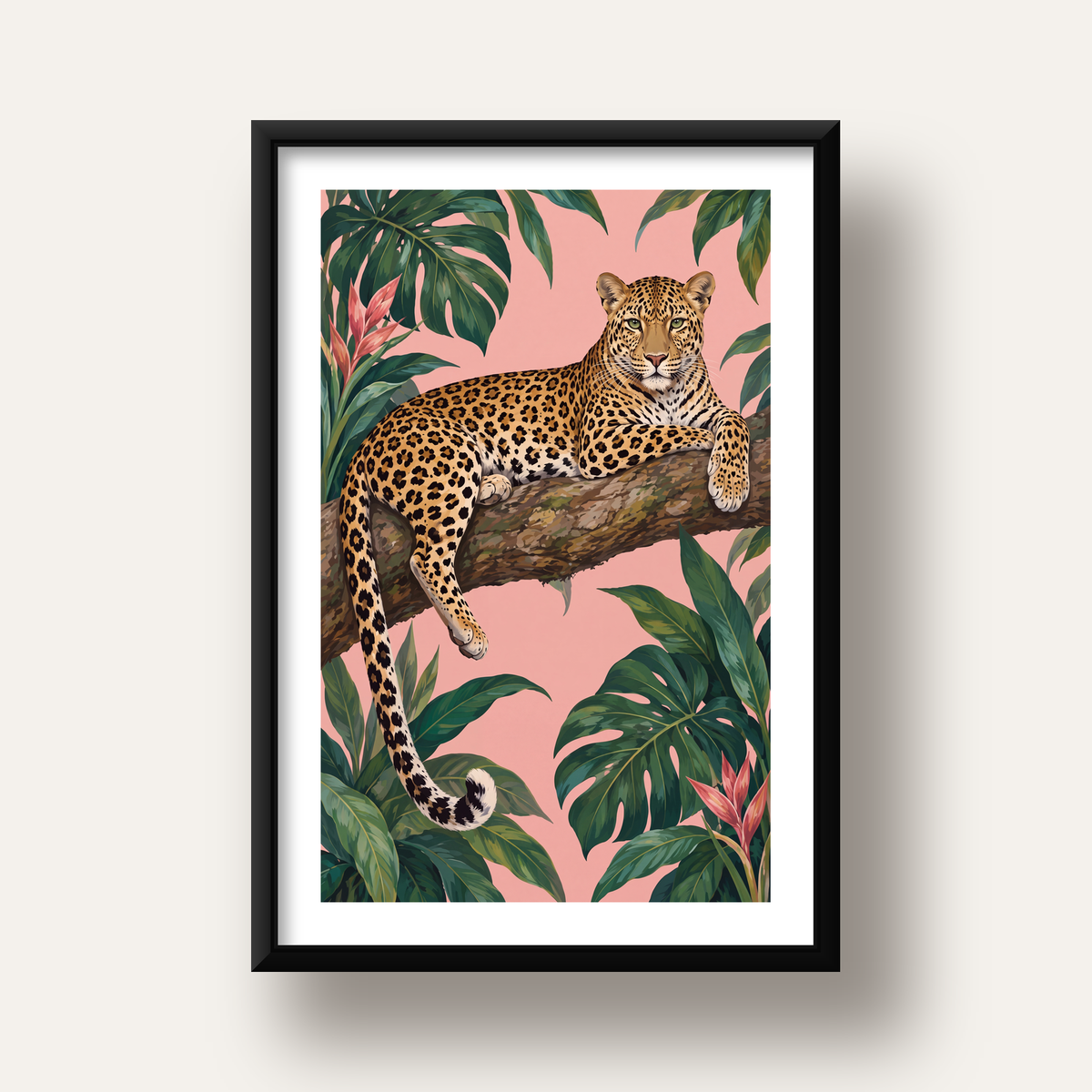 Tropikal Ormanda Jaguar Poster – Detaylı Sanat Baskısı — siyah derin çerçeveli paspartulu