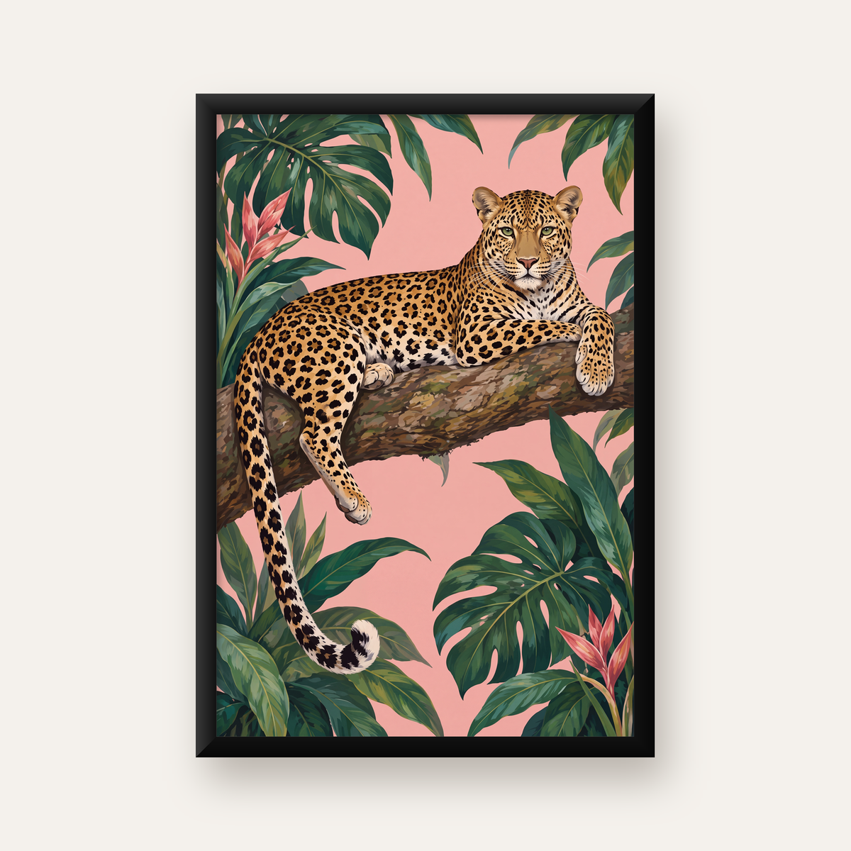 Tropikal Ormanda Jaguar Poster – Detaylı Sanat Baskısı — Dikey baskı, düz siyah çerçeveli duvar posteri