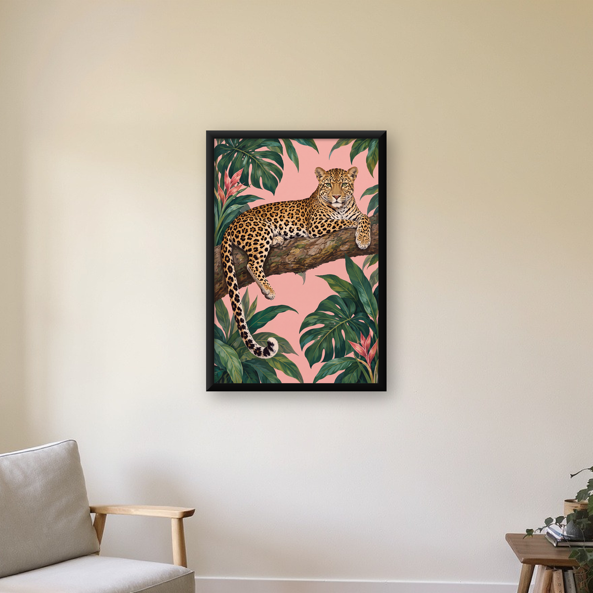 Tropikal Ormanda Jaguar Poster – Detaylı Sanat Baskısı — Dikey baskı, çerçeveli hâliyle bir ev duvarında