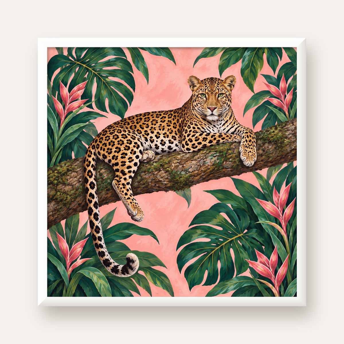 Tropikal Ormanda Jaguar Poster – Detaylı Sanat Baskısı — beyaz çerçeveli kare poster