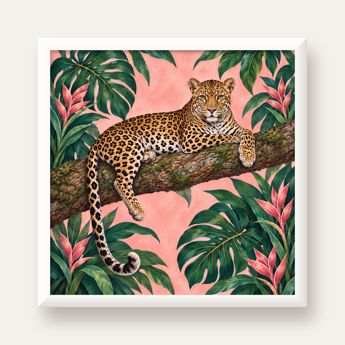 Tropikal Ormanda Jaguar Poster – Detaylı Sanat Baskısı — beyaz çerçeveli kare poster