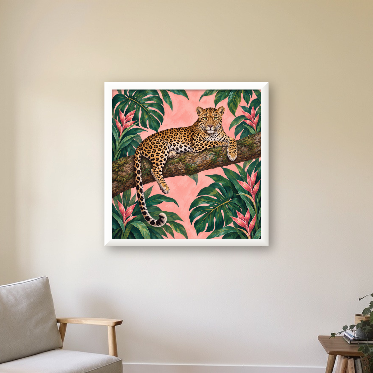 Tropikal Ormanda Jaguar Poster – Detaylı Sanat Baskısı — beyaz çerçeveli kare poster