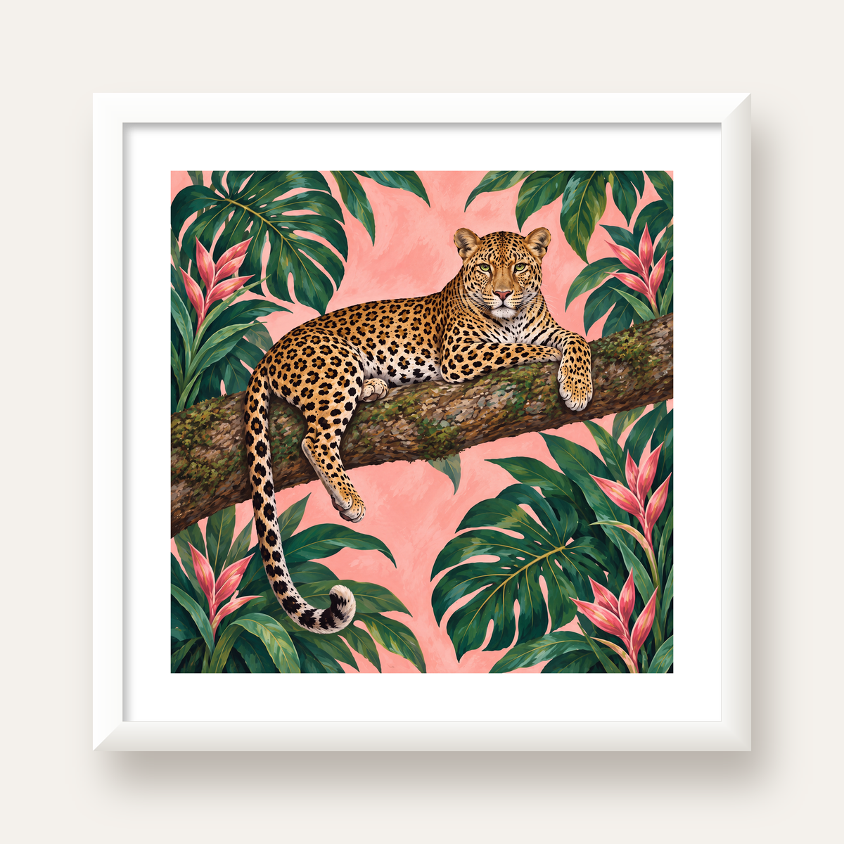 Tropikal Ormanda Jaguar Poster – Detaylı Sanat Baskısı — beyaz çerçeveli kare poster
