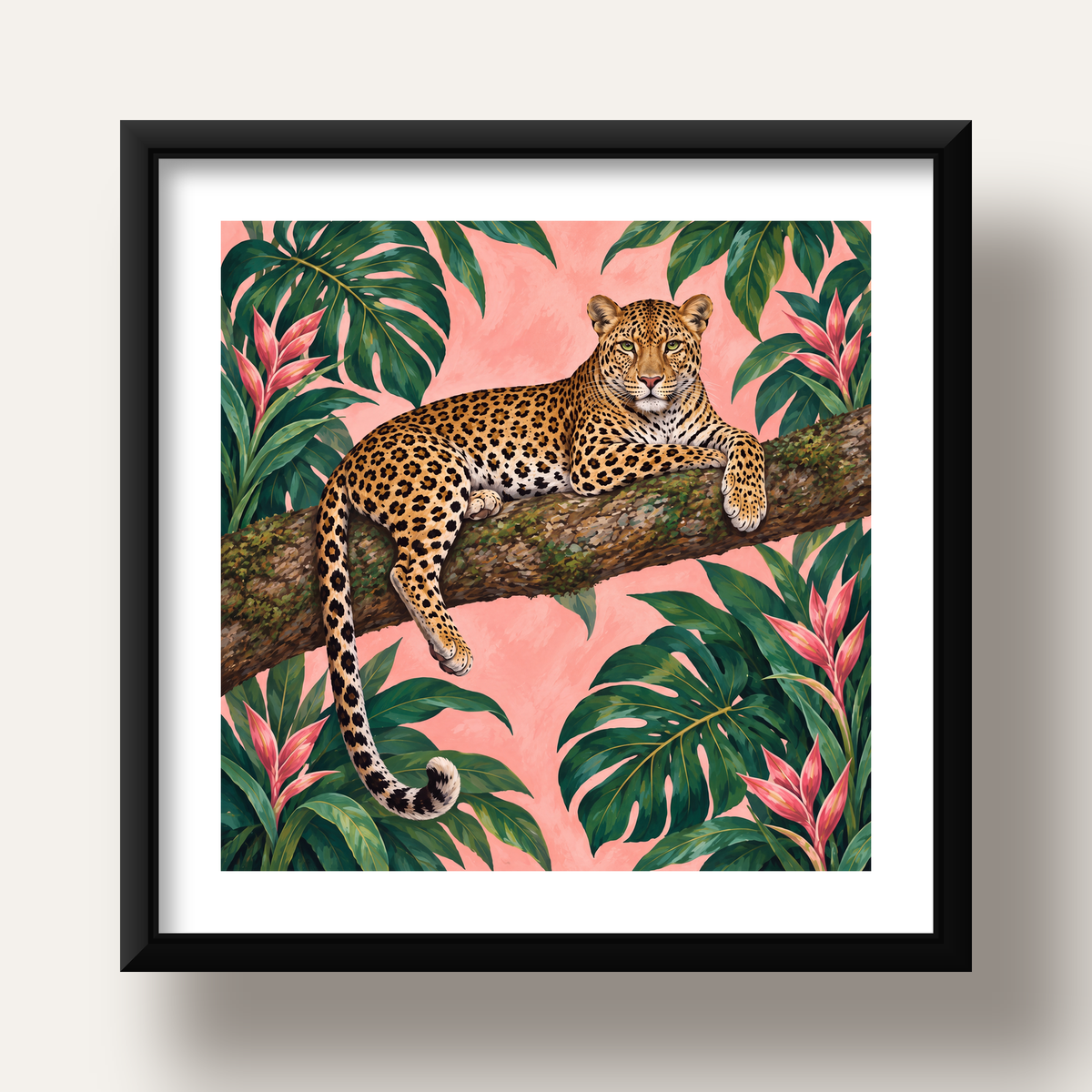 Tropikal Ormanda Jaguar Poster – Detaylı Sanat Baskısı — siyah derin çerçeveli paspartulu