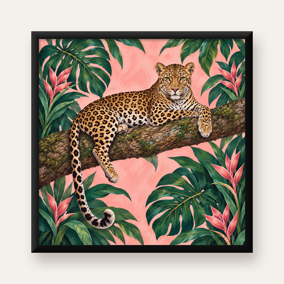 Tropikal Ormanda Jaguar Poster – Detaylı Sanat Baskısı — Kare baskı, düz siyah çerçeveli duvar posteri