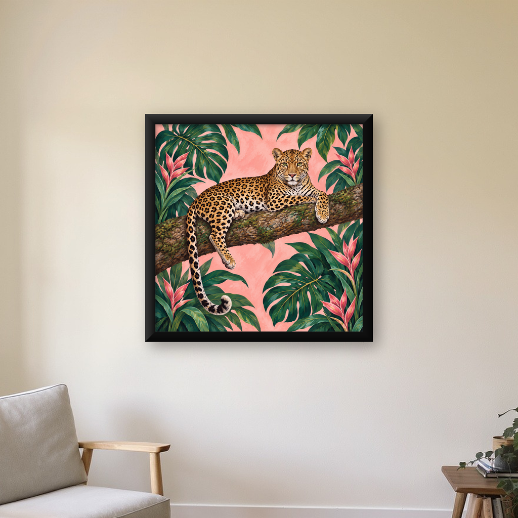 Tropikal Ormanda Jaguar Poster – Detaylı Sanat Baskısı — Kare baskı, çerçeveli hâliyle bir ev duvarında