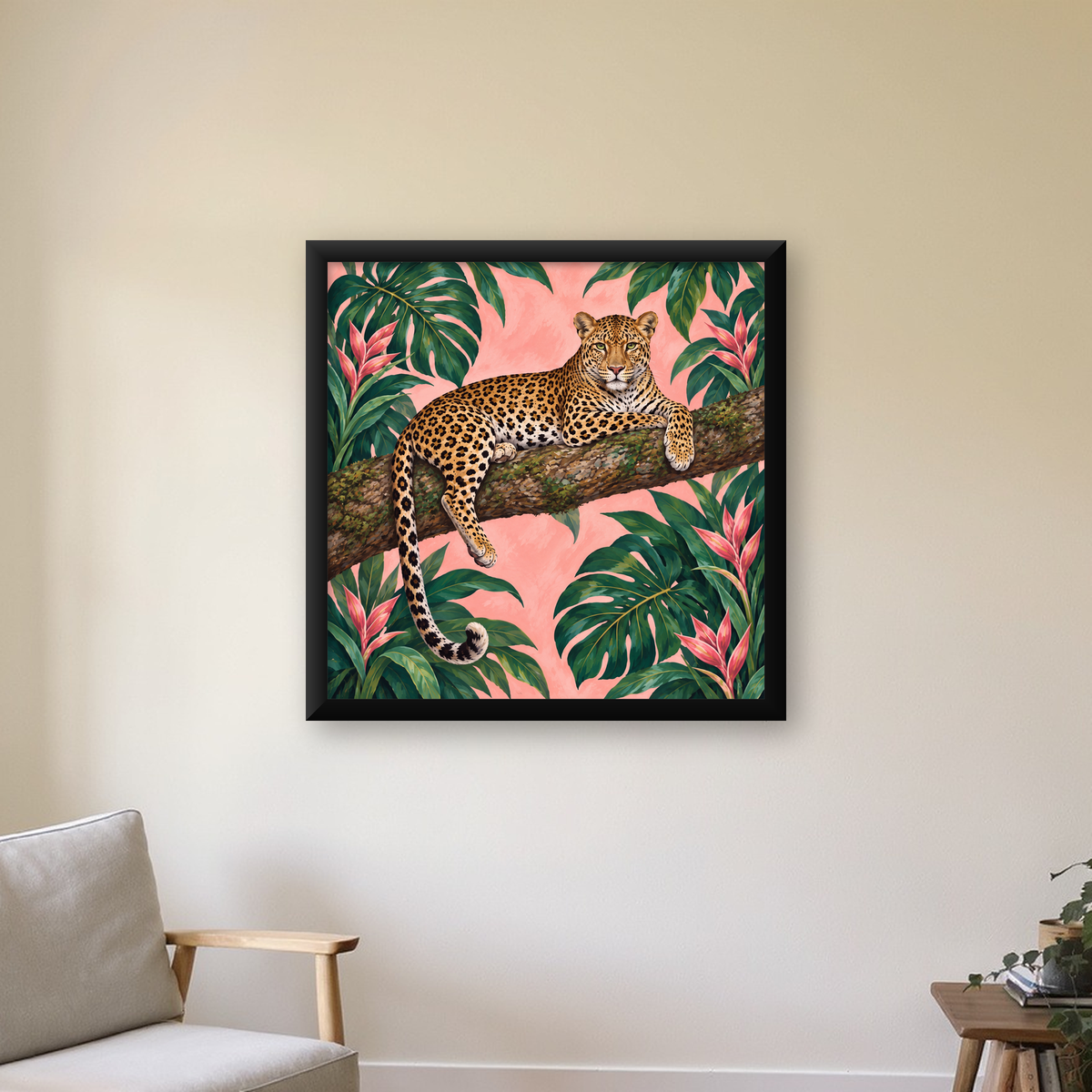 Tropikal Ormanda Jaguar Poster – Detaylı Sanat Baskısı — Kare baskı, çerçeveli hâliyle bir ev duvarında