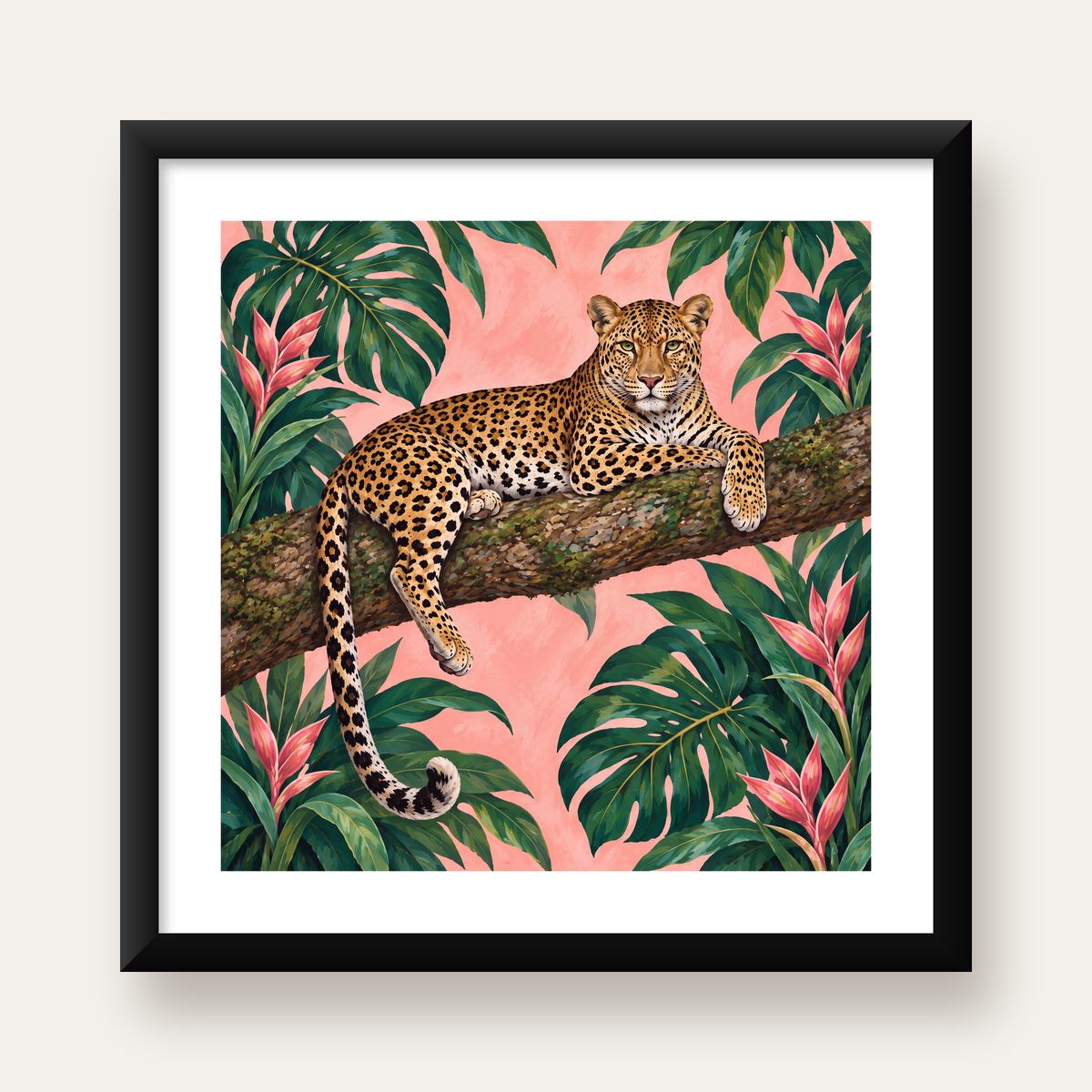 Tropikal Ormanda Jaguar Poster – Detaylı Sanat Baskısı — Kare baskı, beyaz paspartulu