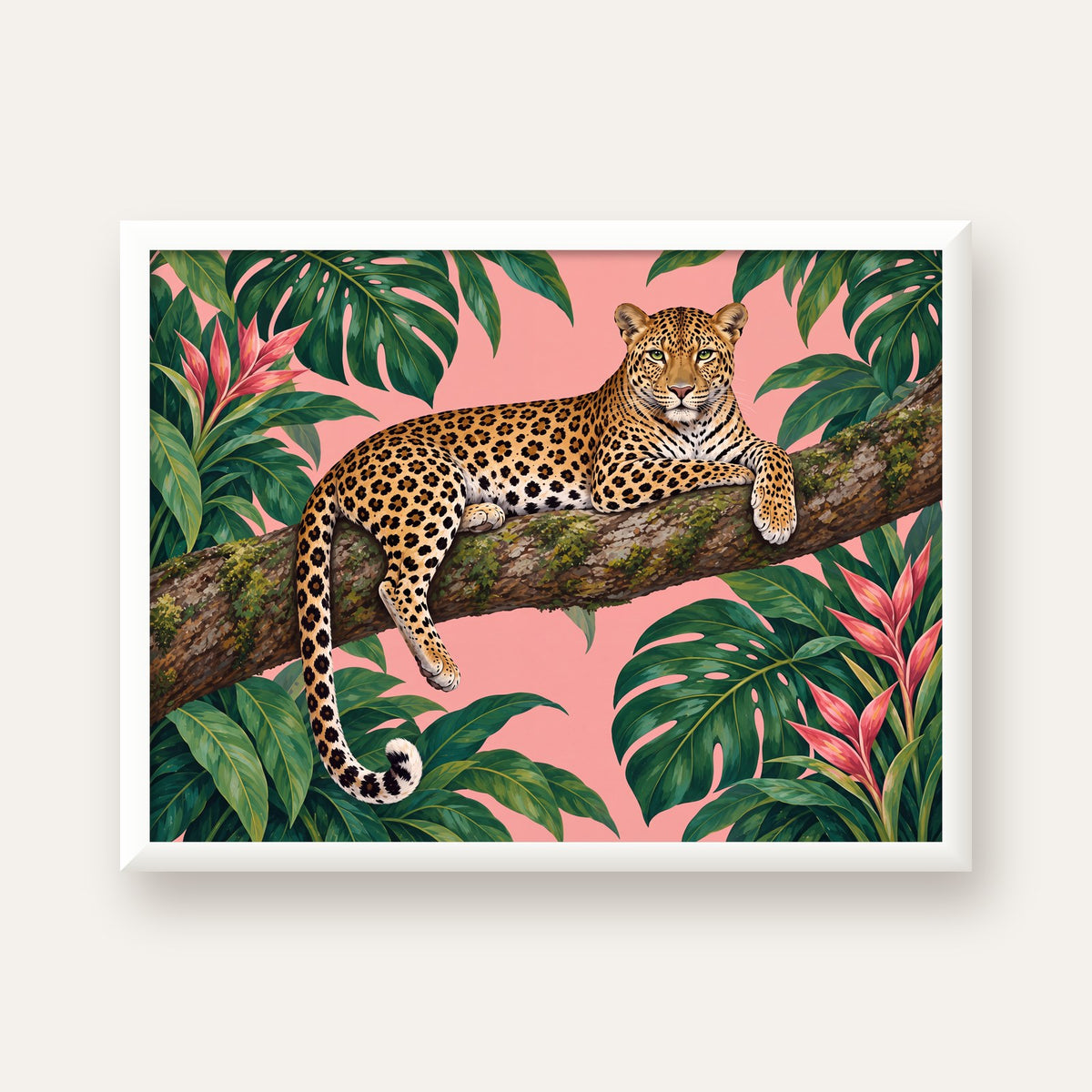 Tropikal Ormanda Jaguar Poster – Detaylı Sanat Baskısı — beyaz çerçeveli yatay poster