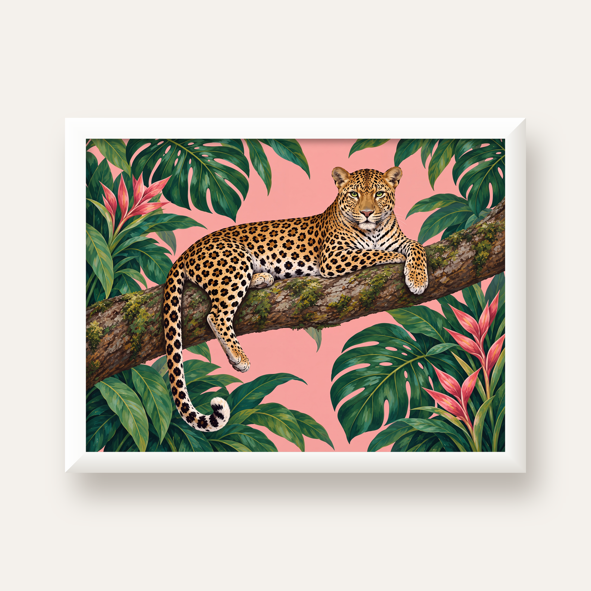 Tropikal Ormanda Jaguar Poster – Detaylı Sanat Baskısı — beyaz çerçeveli yatay poster