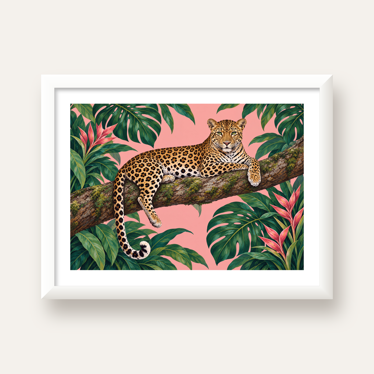 Tropikal Ormanda Jaguar Poster – Detaylı Sanat Baskısı — beyaz çerçeveli yatay poster