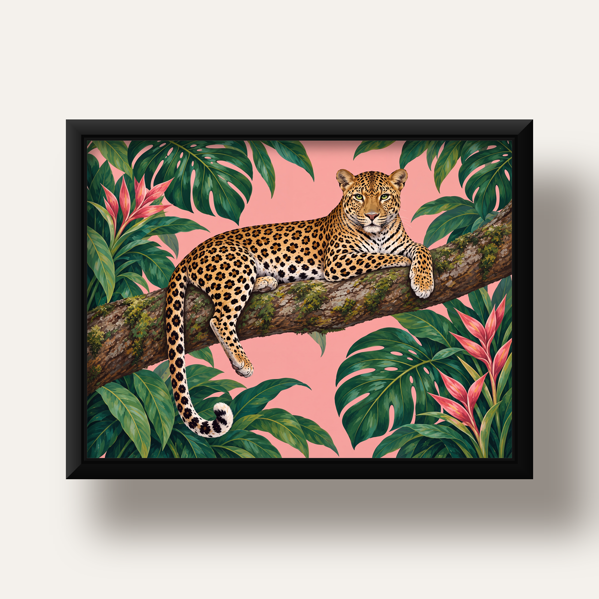 Tropikal Ormanda Jaguar Poster – Detaylı Sanat Baskısı — siyah derin çerçeveli