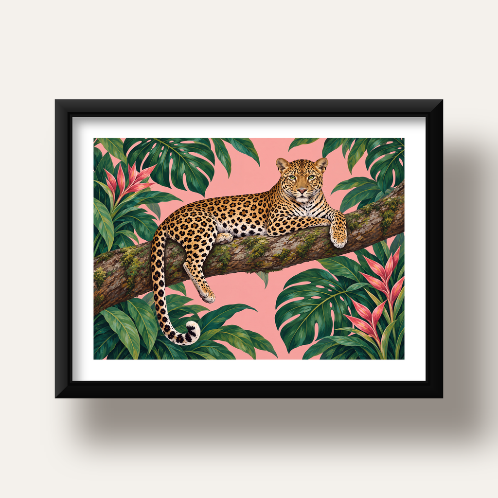 Tropikal Ormanda Jaguar Poster – Detaylı Sanat Baskısı — siyah derin çerçeveli paspartulu