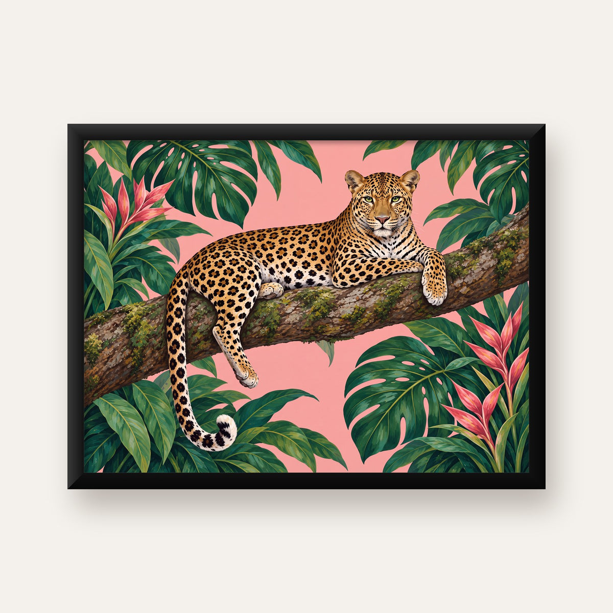 Tropikal Ormanda Jaguar Poster – Detaylı Sanat Baskısı — Yatay baskı, düz siyah çerçeveli duvar posteri