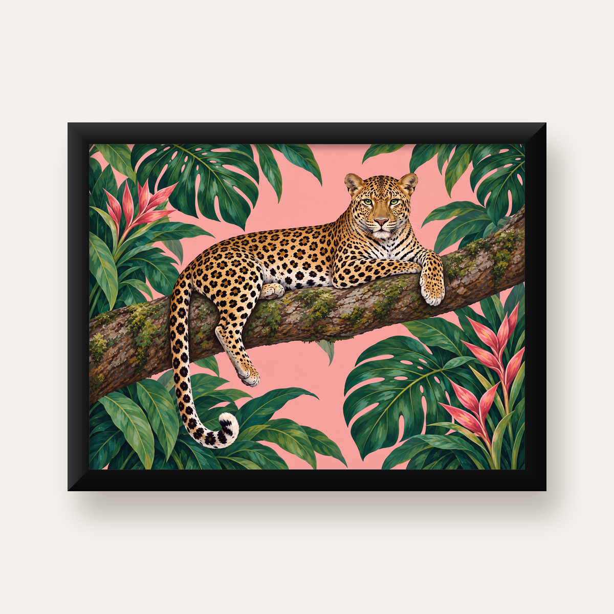 Tropikal Ormanda Jaguar Poster – Detaylı Sanat Baskısı — Yatay baskı, düz siyah çerçeveli duvar posteri