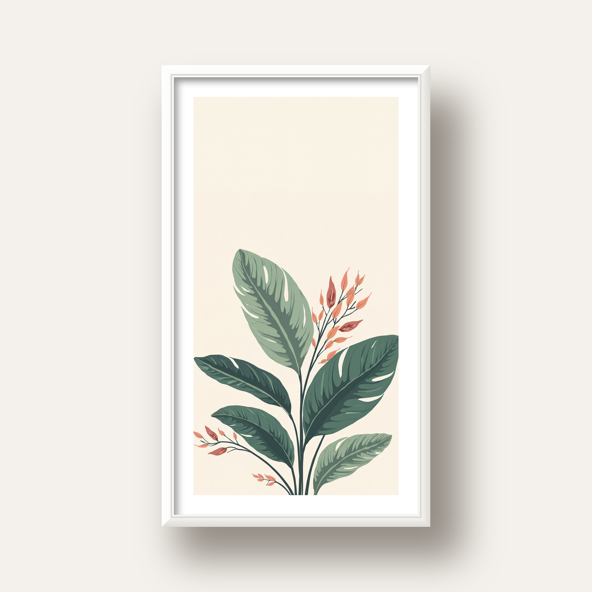 Tropikal Yapraklar ve Çiçekler Dijital Modern Poster — beyaz derin çerçeveli paspartulu