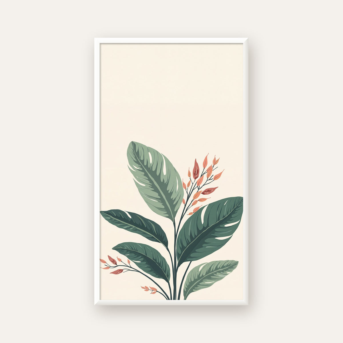 Tropikal Yapraklar ve Çiçekler Dijital Modern Poster — beyaz çerçeveli dikey poster