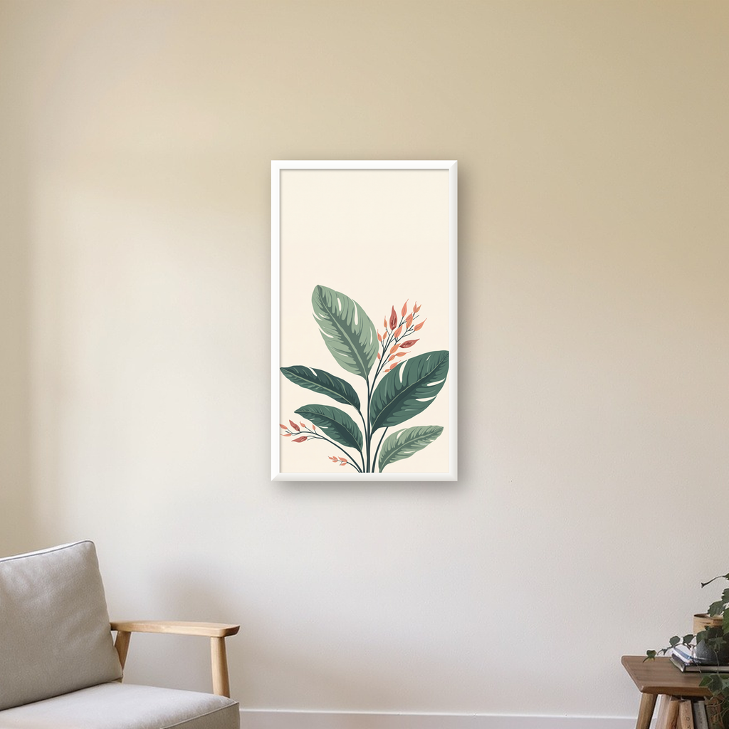 Tropikal Yapraklar ve Çiçekler Dijital Modern Poster — beyaz çerçeveli dikey poster