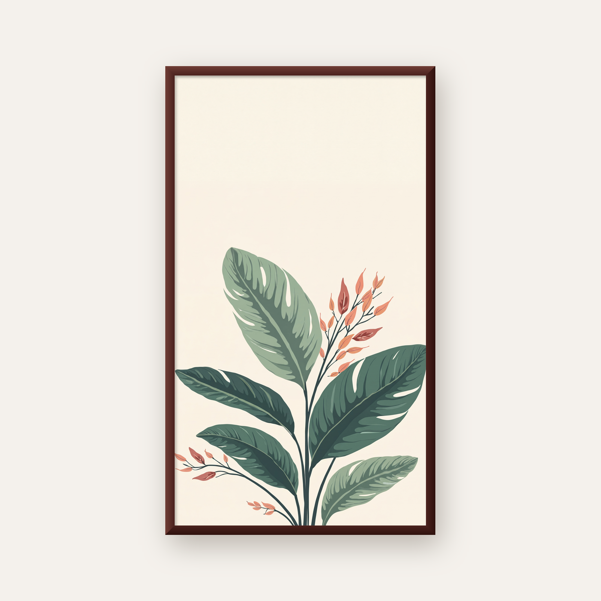 Tropikal Yapraklar ve Çiçekler Dijital Modern Poster — ceviz çerçeveli