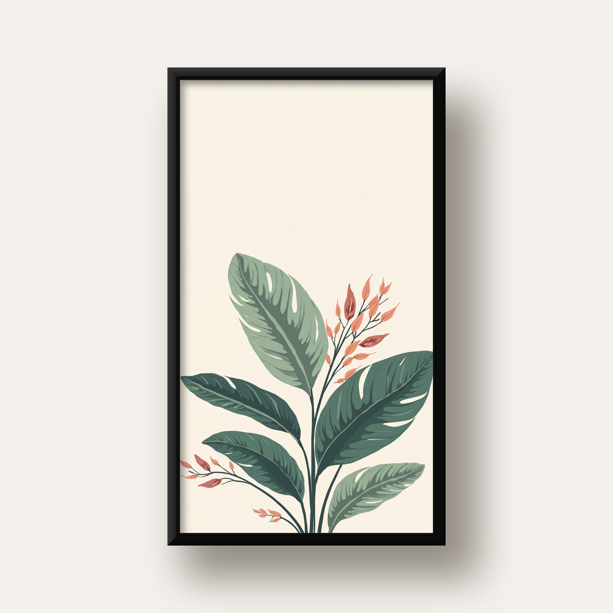 Tropikal Yapraklar ve Çiçekler Dijital Modern Poster — siyah derin çerçeveli